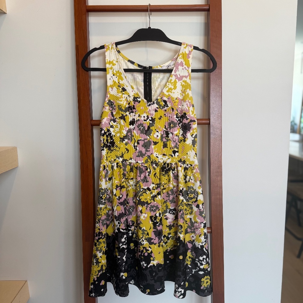 Bar III Patterned Fit & Flare Dress – Yellow, Pink, & Black – Size S